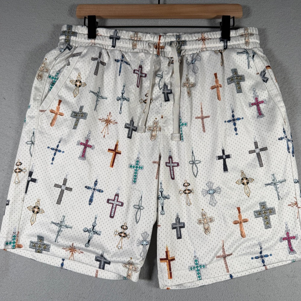 Saints Studio Mens White Cross Graphic Mesh Basketball Shorts Large Streetwear